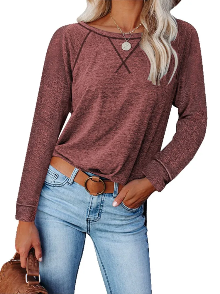 

2024 New T-shirts For Women Long Sleeve Solid Color Tees And Round Neck Casual Loose Fashion Elegant Female's Top Spring Autumn