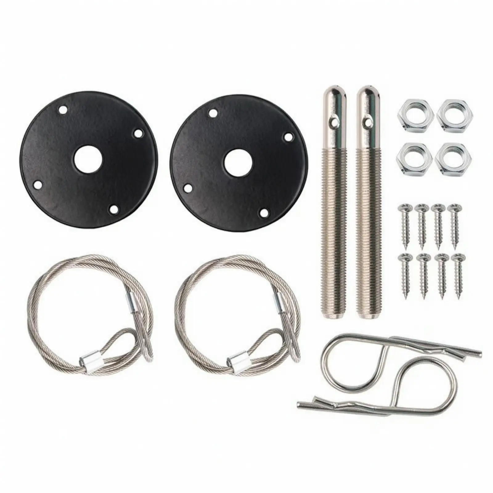 Car Hood Lock Kit with Steel Mounting Plates and Threaded Posts for Secure Engine Bay Access Release Control
