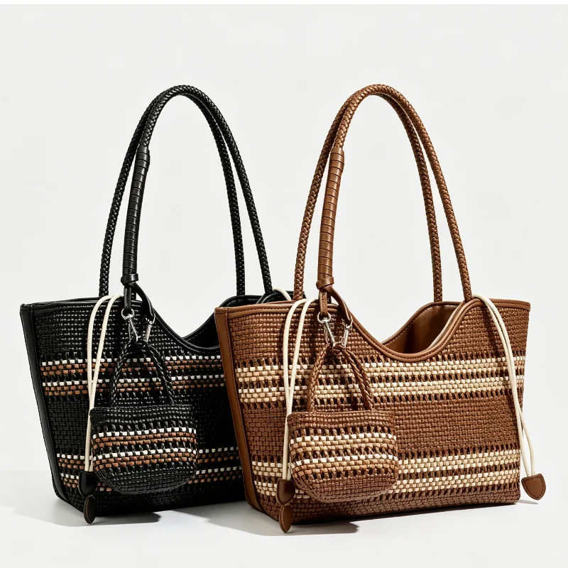 

Luxury Retro Hollowed Out Woven Shoulder Bag French New Contrasting Color 2-in-1 Tote Bag Large Capacity Women Commuting Handbag