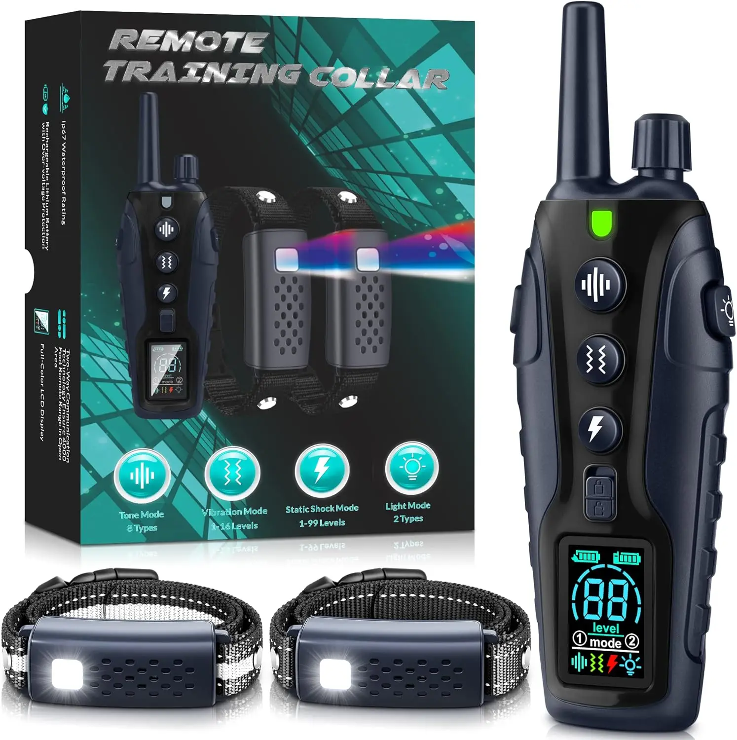 

Adjustable Dog Training Collar with Light, Vibration, Beep & Safe Shock for 2 Dogs up to 150lbs, 4000FT Range