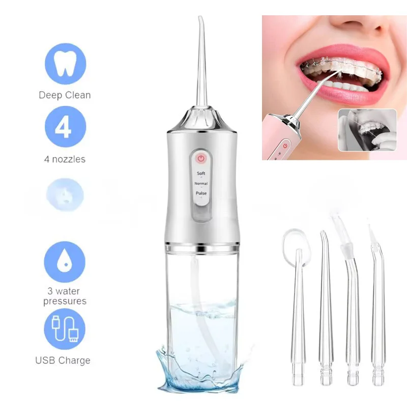 

Electric Portable Water Flosser Mouthwash USB Rechargeable Toothbrush 4 Nozzles 240ml Large Water Tank 3 Mode Massage Gums