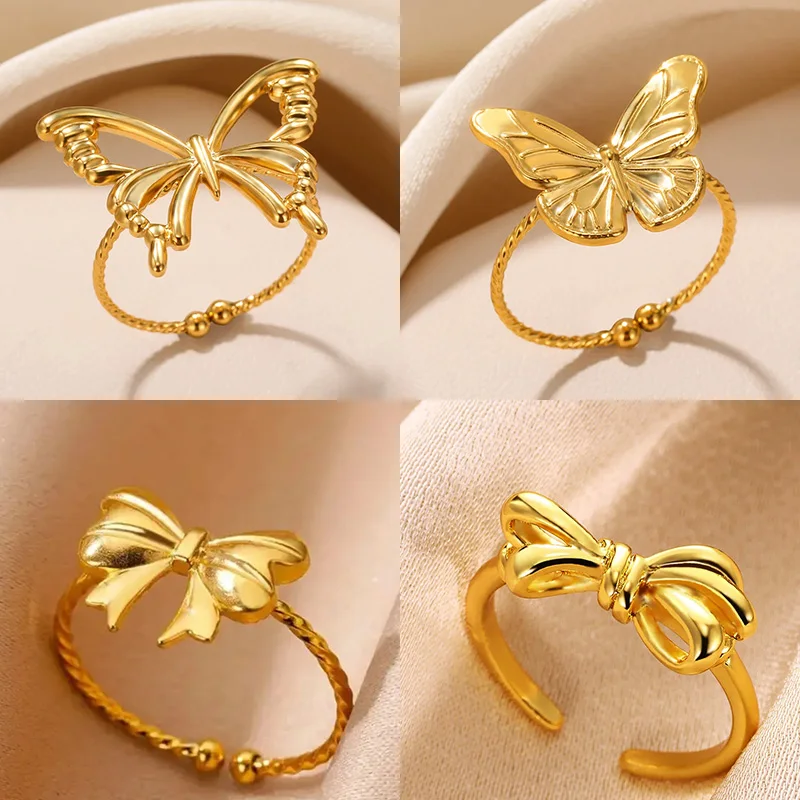 Vintage Butterfly Rings For Women Gold Color Stainless Steel Butterfly Bow Ring Femme Wedding Party Christmas Jewelry Gift 2024