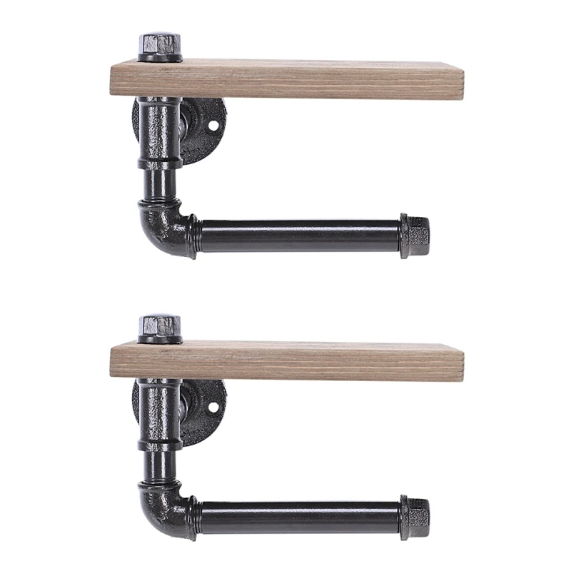 2X Toilet Roll Holder Multifunction Retro-Styled Iron Pipe Wall Mount Paper Towel Rack With Wooden Storage Shelf Rack