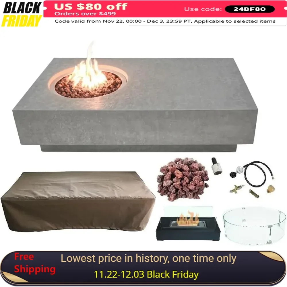 Fire Pit Table, Canvas Cover, Lava Rock Included, Free AMS Wind Guard & Table-top Firepit, Concrete Gas Fire Pit Table