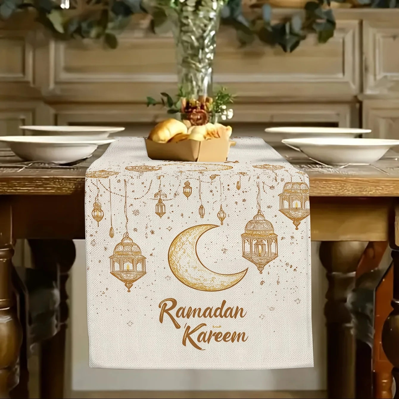 Vintage Ramadan-Mond-Laternen-Tischläufer – elegante Dekoration für Eid-Feiern und Esszimmerpartys in der Küche zu Hause