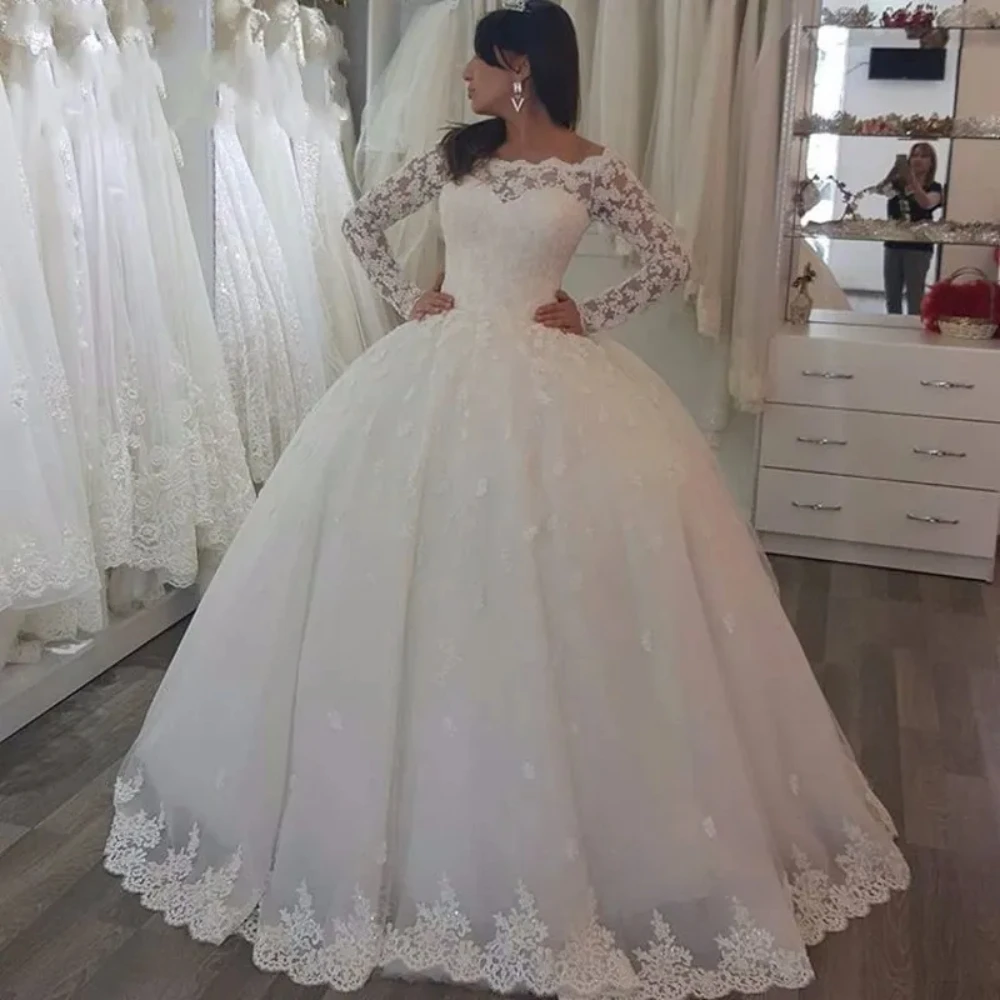 Vestido De baile De lujo para mujer, Vestidos De Novia con apliques exquisitos, mangas largas, cuello De barco, Vestidos De Novia hechos a medida