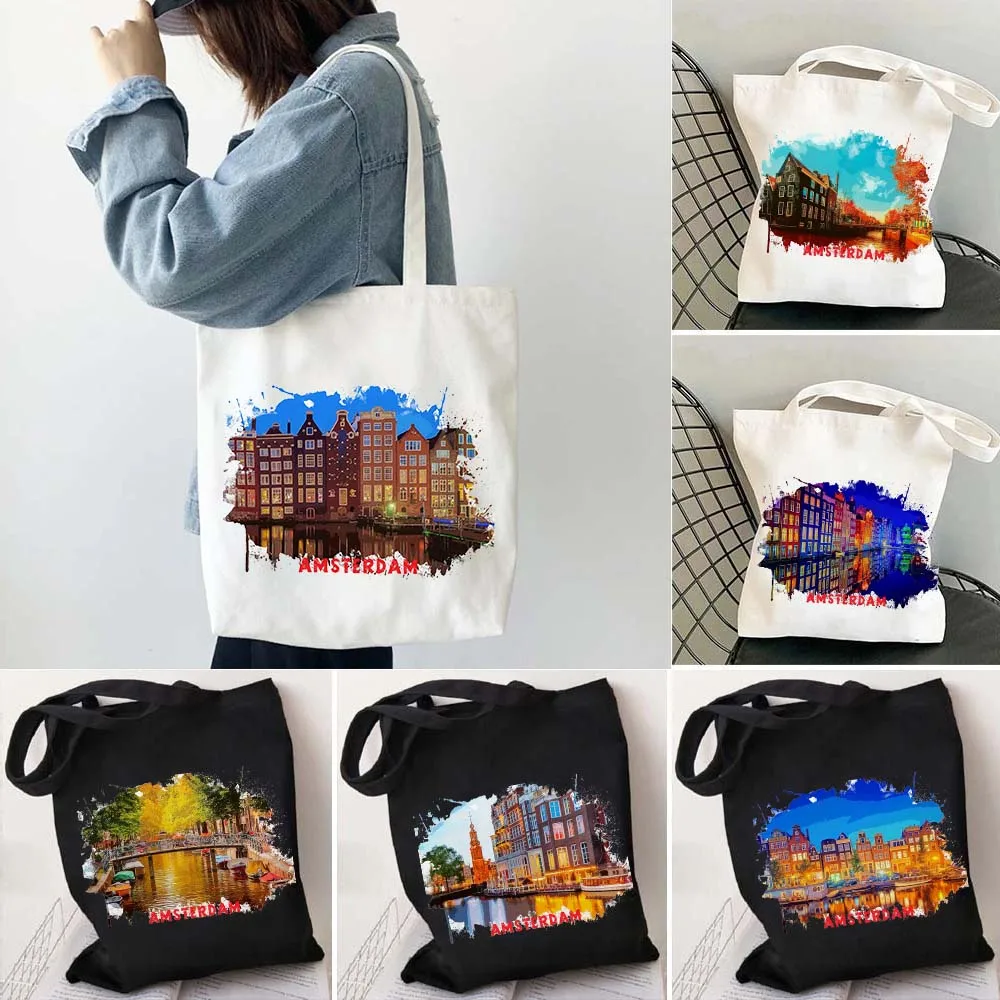 Amsterdam Netherlands City Skyline Watercolor Ink Oil Painting Harajuku Shoulder Shopping Canvas Tote Bag Women Shopper Handbags