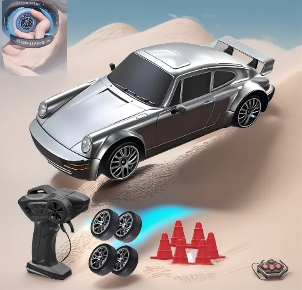 

1:24 4WD Semi-Proportional RC Car - 20KM/H High Speed, LED Lights, Drift Tires & Road Barrier Toy for Kids & Adults