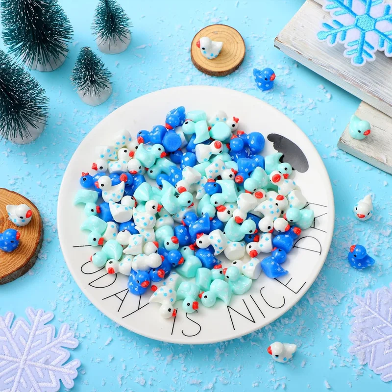 10pcs Mini Ducks Miniature Snowflake Tiny Resin Duck Figures for Winter Christmas Micro Landscaping Home Desk DIY Decorations
