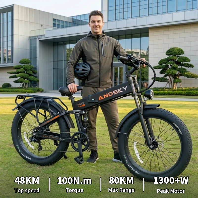 ANDSKY Forge 26 Full-Suspension Foldable Electric Bike 48V 20Ah 28MPH Top Speed 80Miles Long Range 100Nm Torque 26"x4.0" Fat Tire Electric Bicycle with LCD Display 1300W Motor Power E-bike City Commuter Mountain For Adult view 3