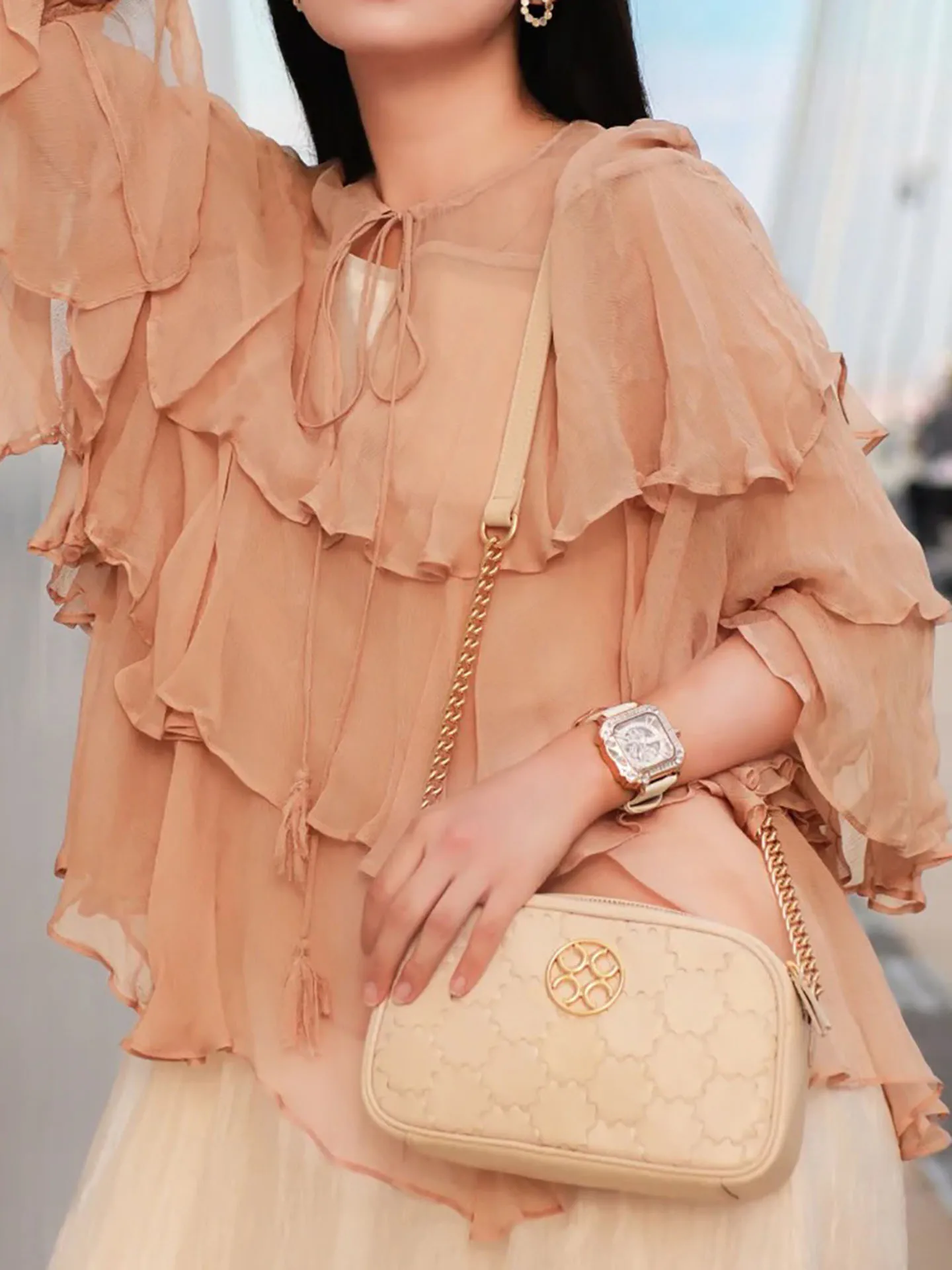 

Женская новая вечерняя блузка-топ из многослойного фатина с рукавами-колокол, весна 2026, повседневный стиль, свободный крой, полиэстер