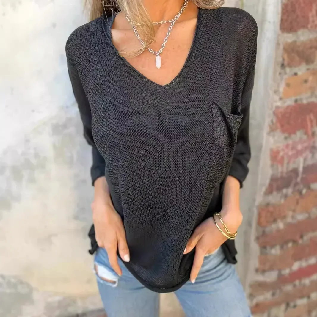 

2025 new fashion women's solid color casual trendy v-neck long sleeve knitted pocket sweater female clothes tops autumn winter