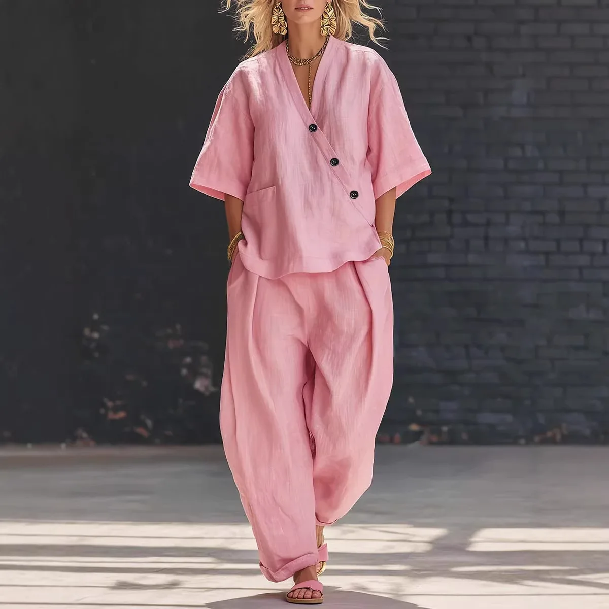 

Loose V Neck Linen Two Piece Set Casual Wide Leg Pants Outfit Breathable Comfort For Summer Daily Vacatio