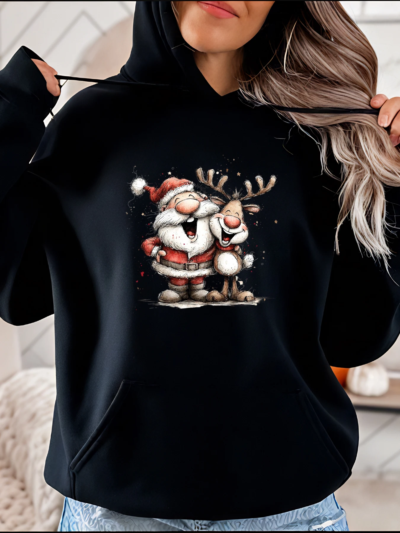 

Толстовка с принтом Санта-Клауса и оленя, рождественский праздник, мультяшный дизайн, женская повседневная зимняя одежда
