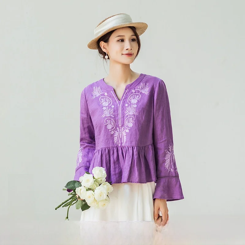 

Elegant Embroidered Lace Trim Linen Shirt New Autumn Winter Collection by a Life on the Left Women's Fashion Classic Style