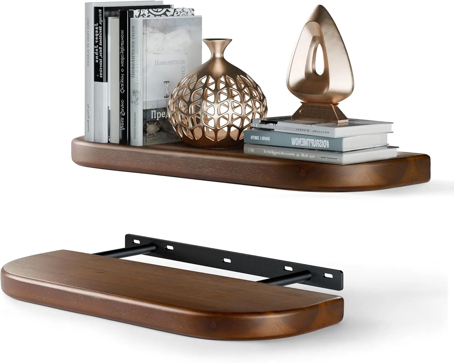 

Set of 2 17" Acacia Wood Floating Shelves Wall Mounted (Round Edge) – Wooden Decorative Wall Bookshelf - Storage Shelf