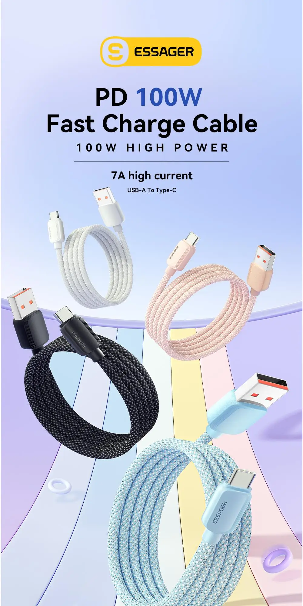 Essager 7A 100W USB Type C Cable For Huawei Honor 88W PD Fast Charging Charger USB A Data Cord Cable For Xiaomi Oneplus Samsung