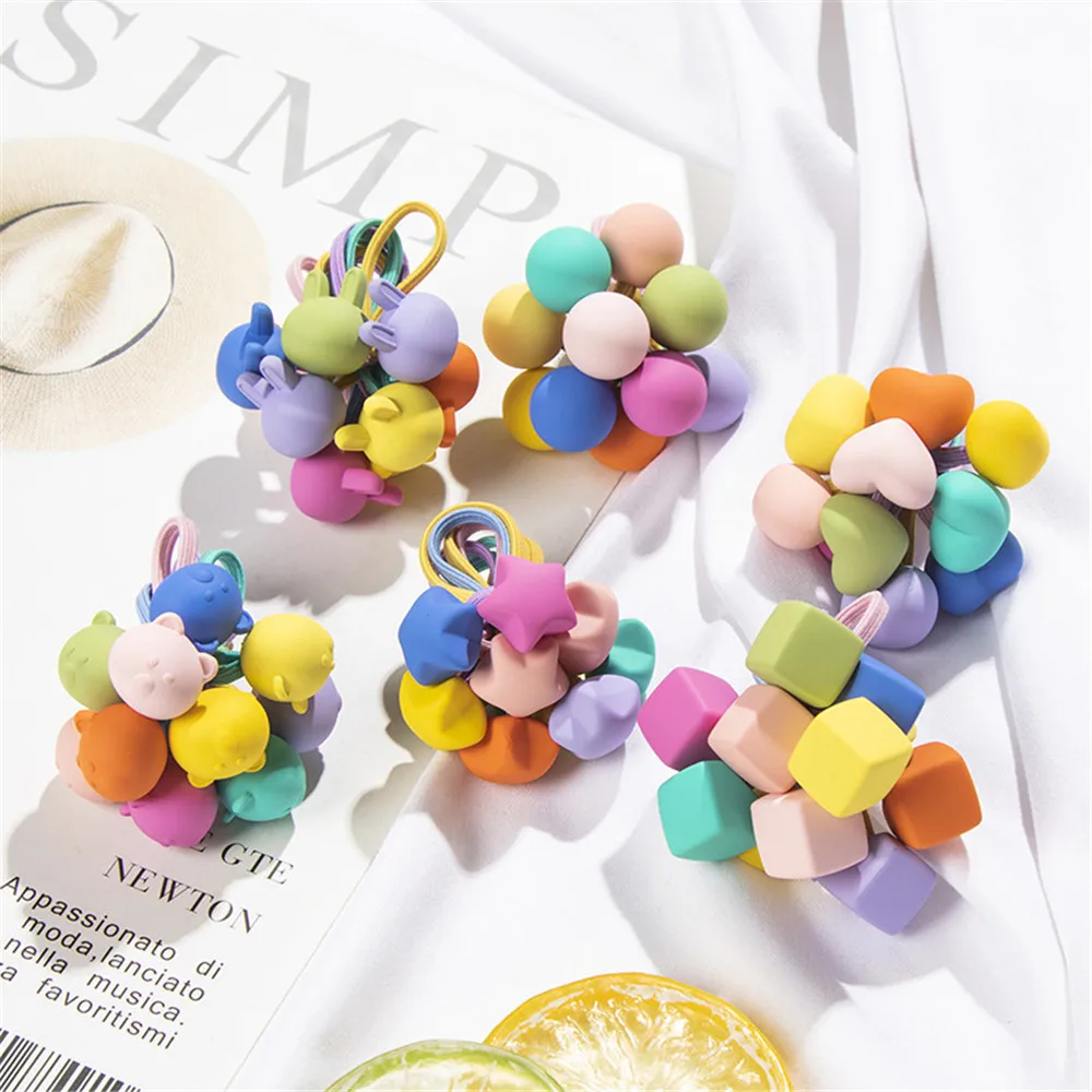 Cute Heart Bead Hair Ropes Candy Color Frosted Scrunchies For Baby Girl Gum Ponytail Holder Hair Bands Accessories