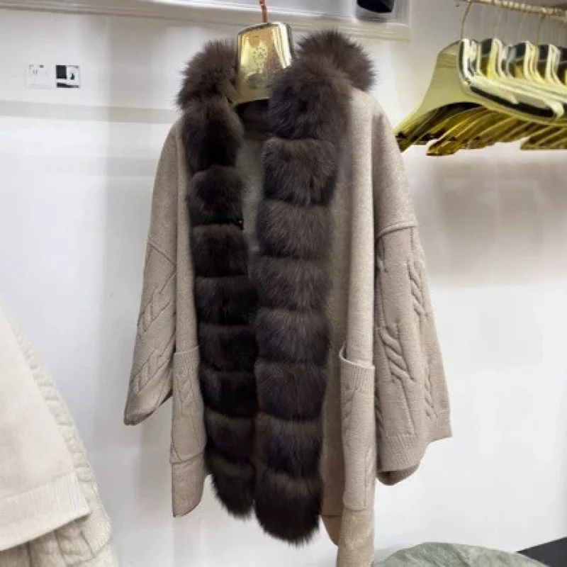 QICHE 2026 Women European Style Wool Blend Coat, Loose Mid-Length Knit Spliced Jacket With Large Faux Fox Fur Collar For Winter