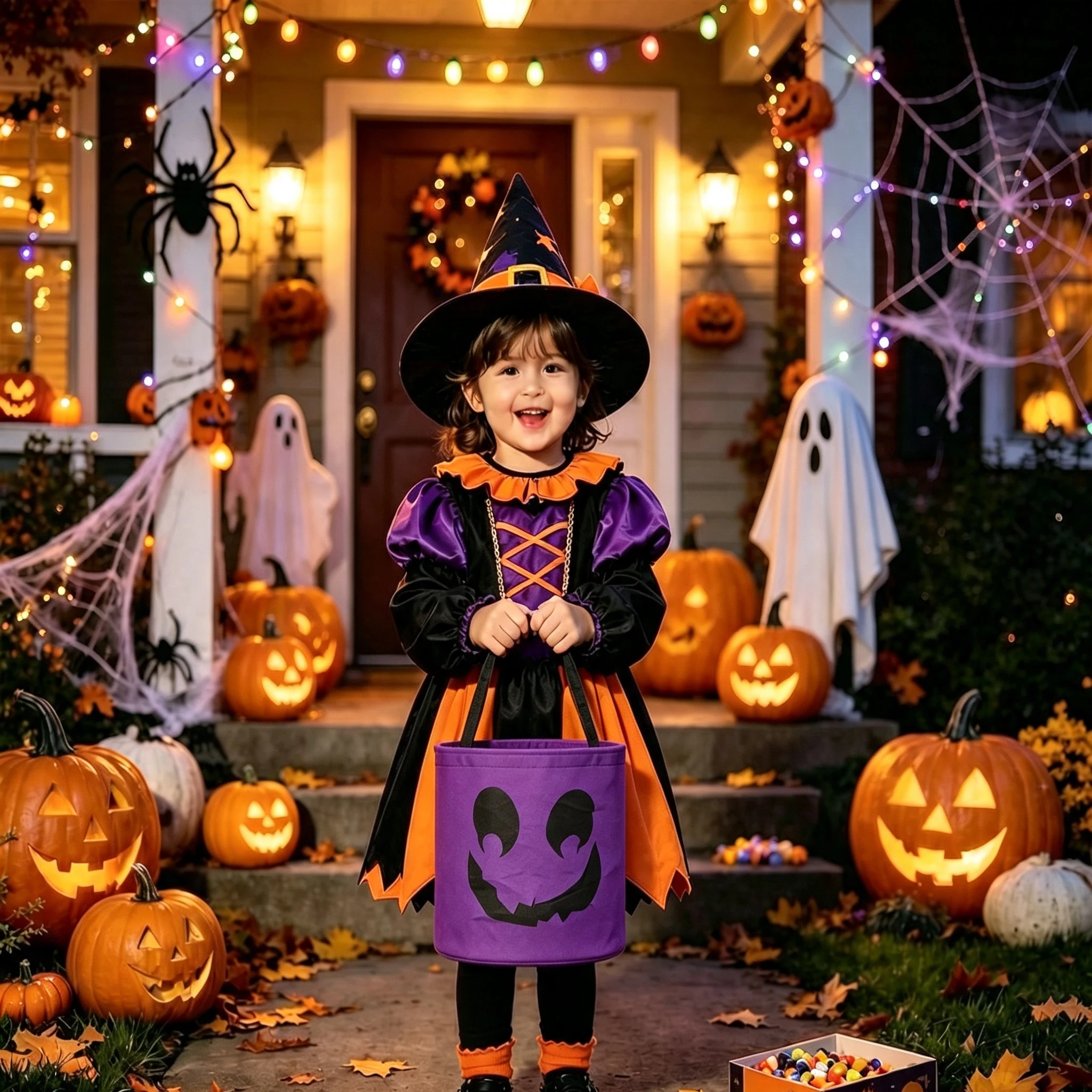 Foldable Halloween Trick or Treat Candy Bucket, Oxford Cloth Pumpkin Face Treat Bag