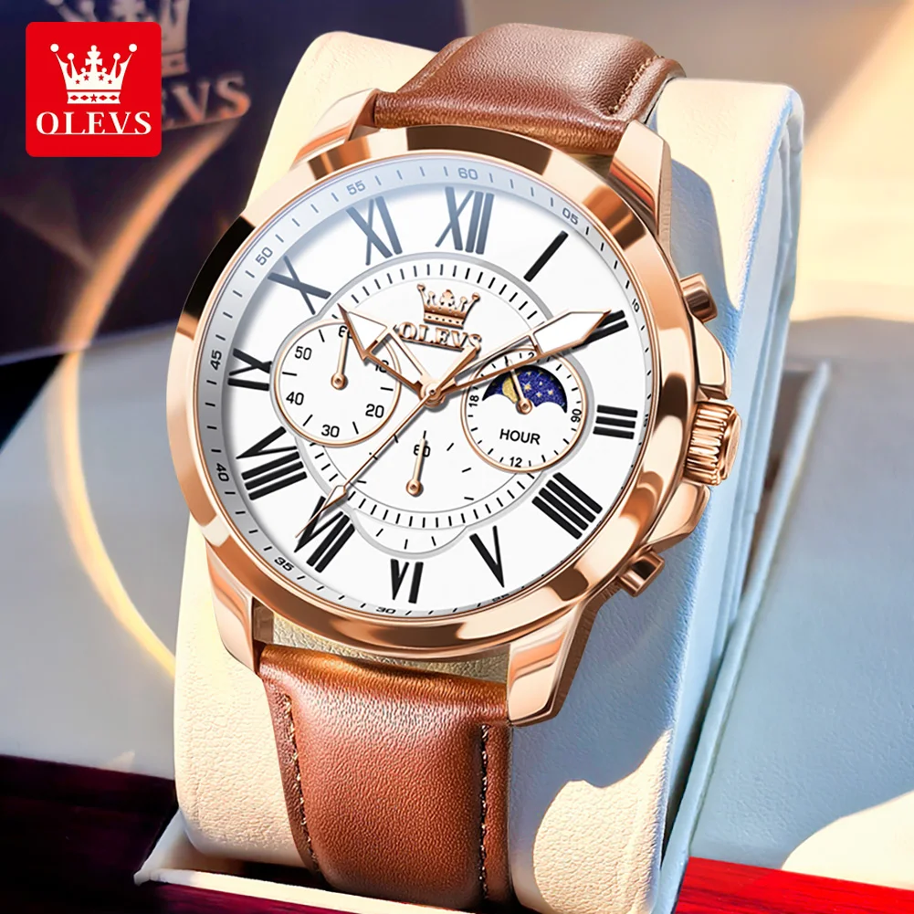 

OLEVS мужские часы модный кожаный ремешок многофункциональные 45,5 мм большой циферблат с хронографом фазы Луны водонепроницаемые часы для мужчин 3632