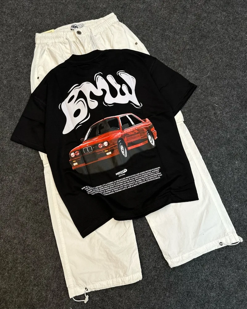 

2024Summer Vintage Goth Fashion Letters Car Print Short Sleeve T-shirt Men y2k Harajuku Street Fashion casual couple Loose shirt