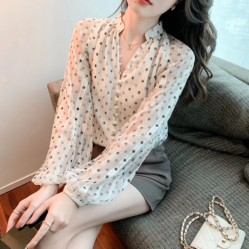 Ladies Korean Fashion Casual Wave Point Shirts Blouse Women Tops Woman Button Up Shirt Female Girls Long Sleeve Blouse BPy6097