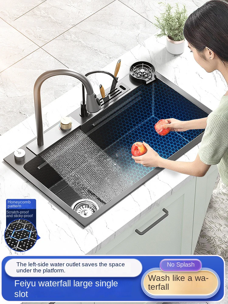 

Feiyu Waterfall Sink 304 Stainless Steel Large Single Slot Vegetable Washing Pool Kitchen Dishwashing Sink Embossed Left Side