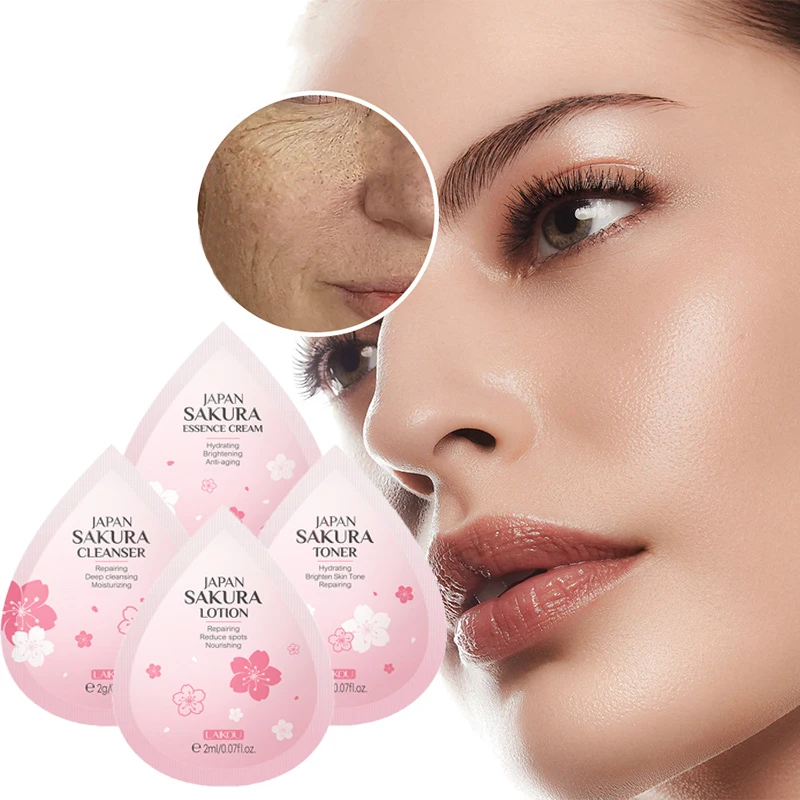 Mini Skin Care Set 4Pcs Sakura Facial Skincare Product Face CleansToner Lotion Day Cream Moisturizing Portable Skincare Kit