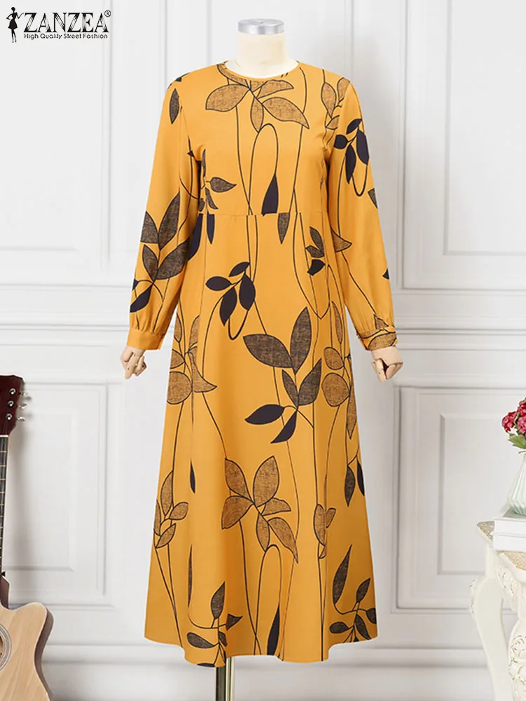 Zanzea Frauen Langarm Vintage Blumen gedruckt Maxi kleid Frühling Bohemian Muslim Abaya lange Vestido Robe Femme Urlaub Sommerkleid