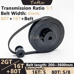 2GT 2M 16 80Teeth GT2 16T 80T 5:1 Timing Pulley Belt Set Bore 5/8mm Belt Width 6mm Tensioning Wheel Synchronous Pulley Belt Kit