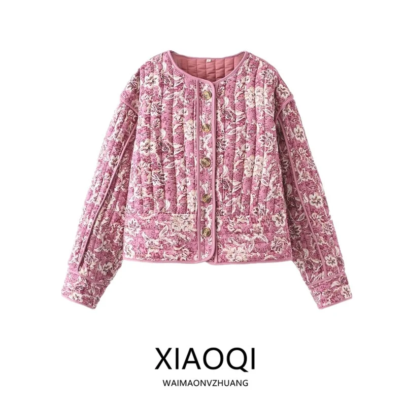 Chaqueta Corta Informal de Estilo Retro con Cuello Redondo y Manga Larga Estampada, Novedad de Otoño Invierno 2024, Chaqueta ...