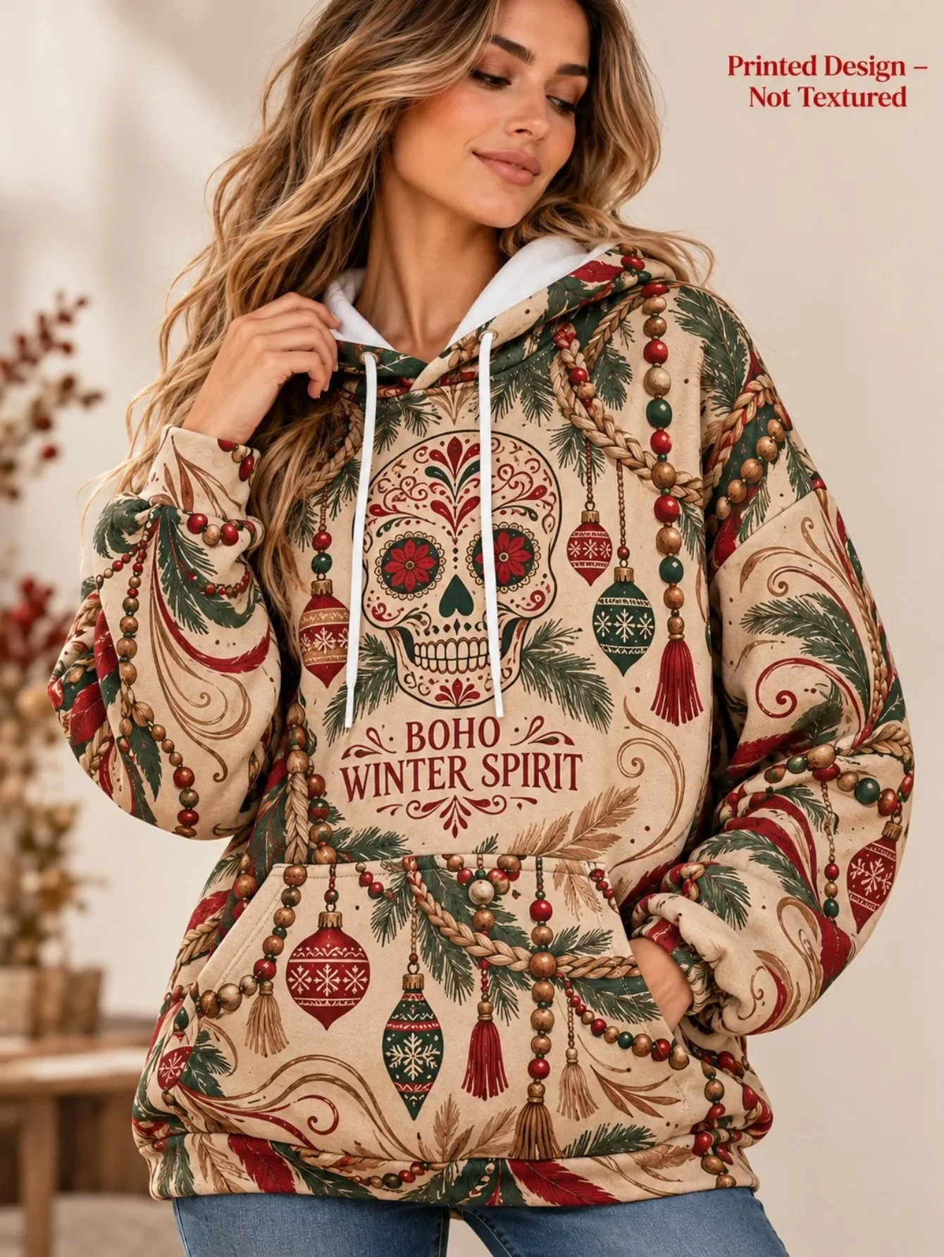 Women Baked With Love Christmas Hoodie, Gingerbread Cookie Rolling Pin Plaid Holly Print Oversized Winter Hooded Sweatshirt