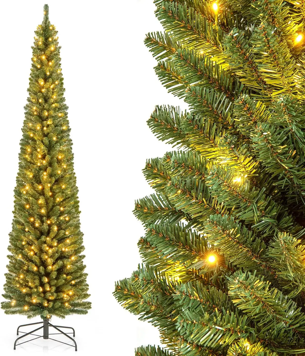 

8ft Pre-Lit Slim Pencil Christmas Tree, Artificial Skinny Xmas Tree with Quick Shape Technology, 671 Lush Branch Tips, 2