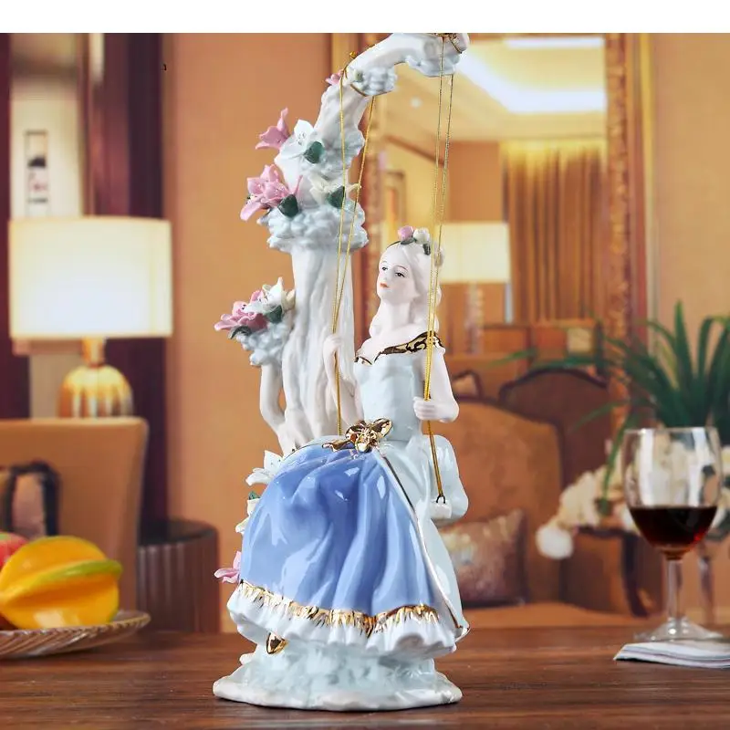 Girly Ceramic Character Statue Desk Decor Pretty Girl Swing Exquisite Figurines Painted Porcelain Crafts Modern Home Decoration