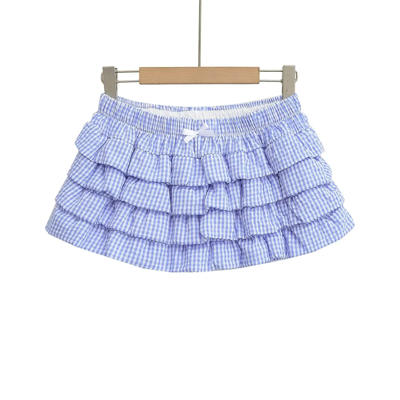 Niedrige Taille Plaid f Rock Frauen Sommer Anti-Licht ort Rock Hosen Süße Und Würzige Knoten Mehrschichtige Kuchen blume...