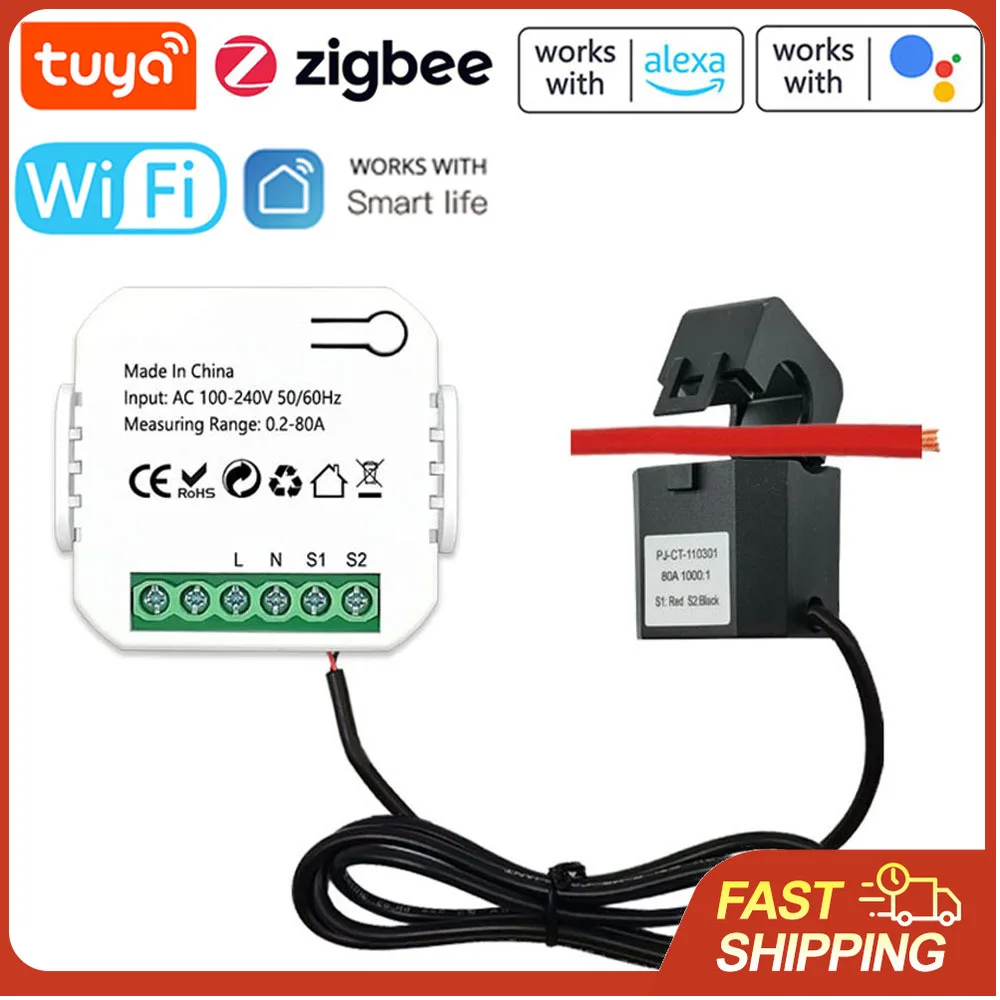 

Умный счетчик энергии Tuya ZigBee WiFi с трансформатором тока 80А, клещевой амперметр, измеритель электроэнергии в кВтч для Alexa и Google Home