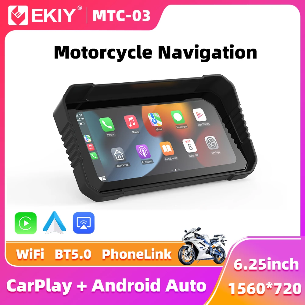 

EKIY Wireless CarPlay Moto Android Auto 6.25" Portable Digital Motorcycle Dashboard GPS Navigation Display Screen Waterproof