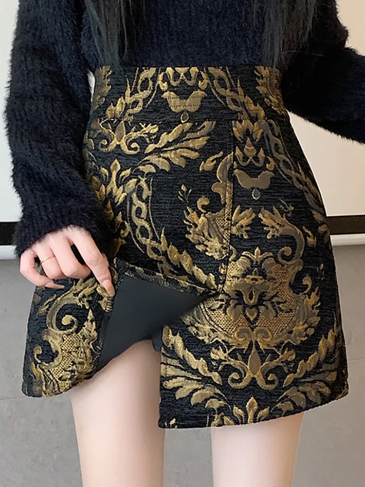 SMTHMA New Autumn New Palace Style French Vintage Jacquard Skirt Women\'s  High Waist Elegant A- Line Skirt Female Clothing