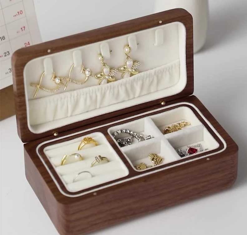 Walnut Desktop Jewelry Storage Box, Double-layer Solid Wood Dressing Table Shelf