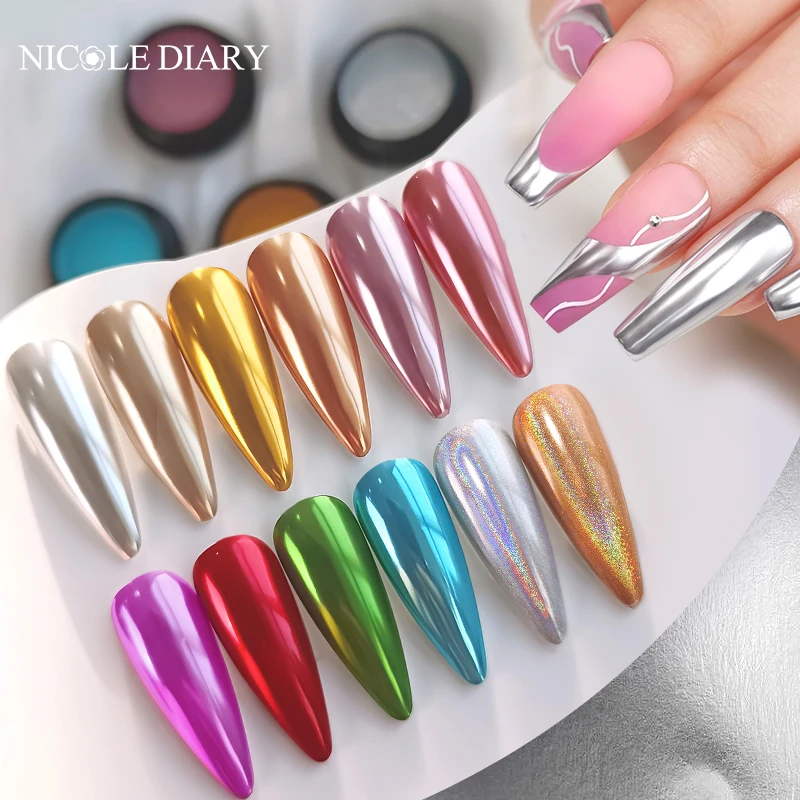 

NICOLE DIARY Solid Nail Glitter Mirror Powder Silver Rose Gold Chrome Dust Pigment Metallic Effect UV Gel Polish Nail Decoration