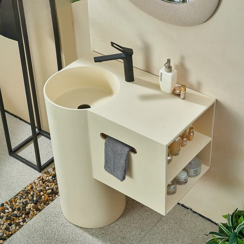 

Cream wind Corian artificial stone column basin integrated floor basin art skin feeling stone standing washbasin