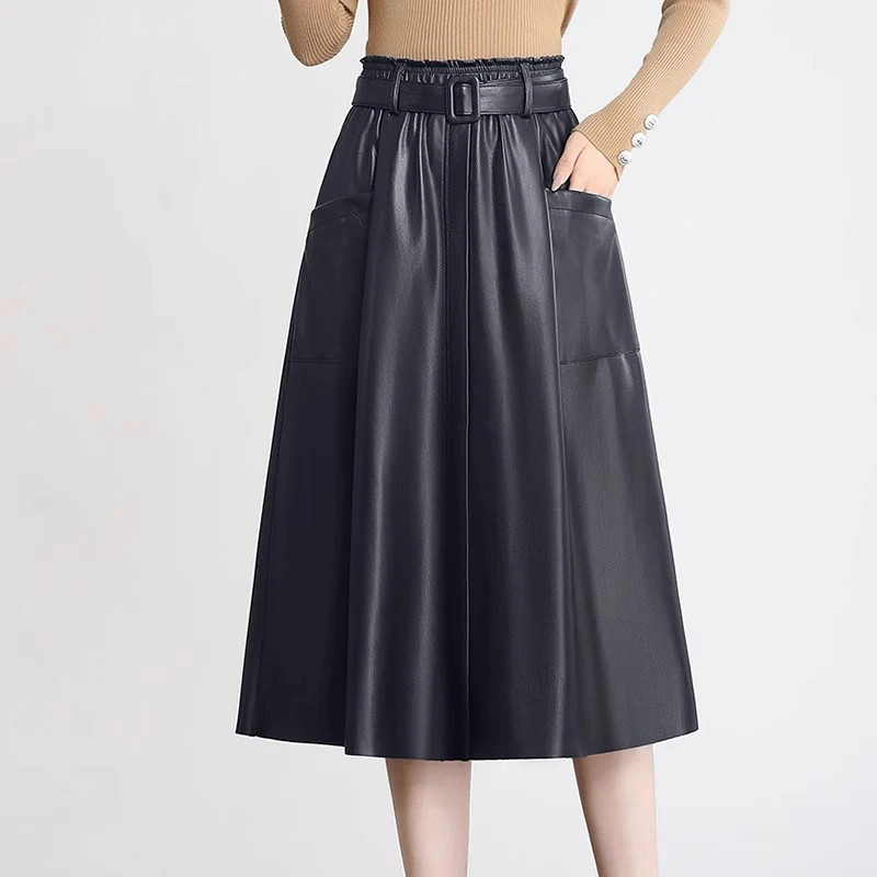 

S-5XL New Women Plus Size Leather Skirt Spring Autumn Fashion Stretch Waist A-Line Loose Long Skirt Split Leather Sheepskin