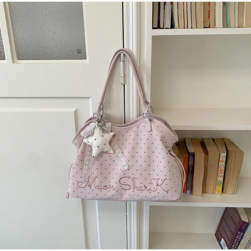 Koreanische große Canvas-Tragetasche mit Polka-Dot-Sternmuster, süße, edgy Schultertasche im Ballett-Schleifen-Stil, vielseitige Damen-Handtasche für den Arbeitsweg – Detail 16