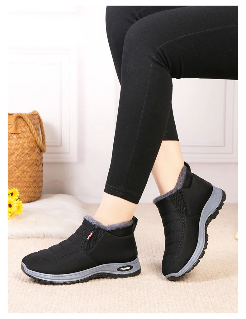 Damen Winter Fleece-gefütterte Slip-On Schneestiefel Wasserdichter Stoff Rutschfeste Robuste Sohle Warme Knöchelhohe Outdoor-Wanderstiefel – Detail 13