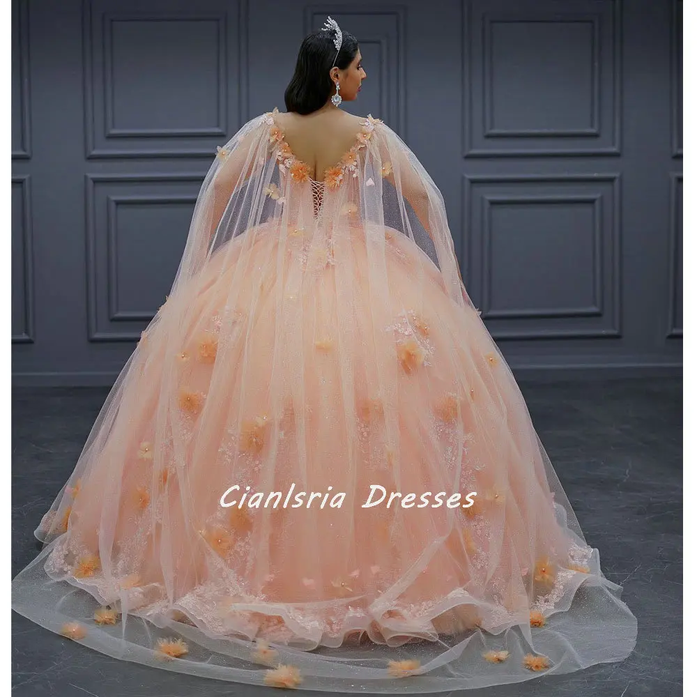 الشمبانيا ثلاثية الأبعاد الزهور الكرة ثوب فساتين Quinceanera قبالة الكتف يزين الدانتيل الكريستال مشد Vestidos دي 15 Años