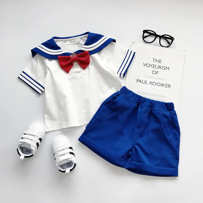 Summer 2Pc Set for Baby Boys Suit College Style Cotton Peter Pan Collar Top Shorts  Infant Outfit Toddler 1 St Birthday Clothes