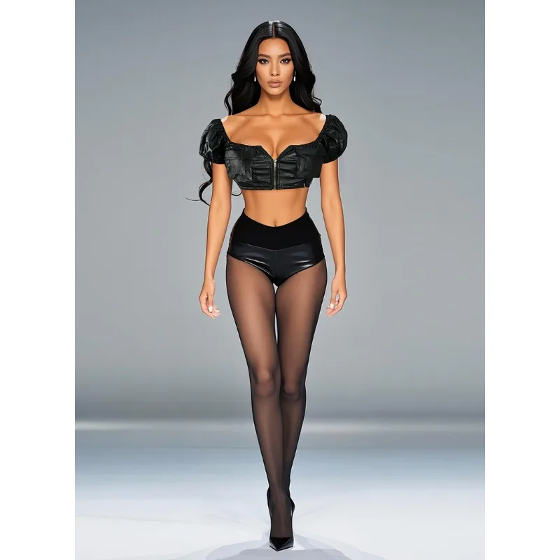 2025 신상 여성 섹시 오프숄더 튜브탑 - 블랙 PU 가죽 슬림 크롭 블라우스