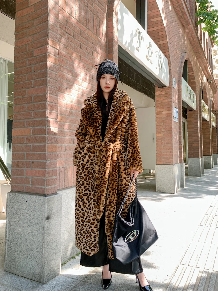 Original Design Female Leopard Print Faux Fur Coat Lady Lapel Long Jacket with Belted Streetwear Women\'s Winter Coats Promotion