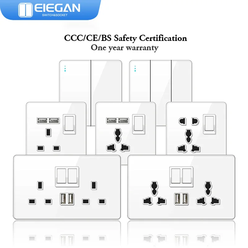 

ELEGAN UK Socket White 16A/20A/45A Full Glass Wall Switch USB type-c Tempered Crystal Panel Electrical Outlet Home Improvement